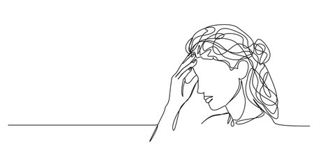 continuous line drawing of woman having a headache touching her forehead, line art vector illustrationのイラスト素材