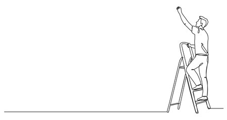 continuous line drawing of man standing on stepladder reaching up with arm, line art vector illustrationのイラスト素材