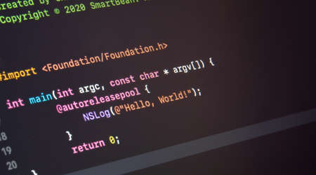 hello world application written in objective C on a computer screen