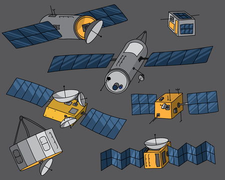 Set of various hand drawn satellite illustrations including generic communication satellites and cubesats. All satellites isolated on background.のイラスト素材