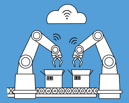 Industry with wireless network robotic assembly line. White filled line artのイラスト素材