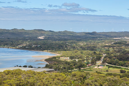 View to bay and wind turbines from Mt Melville Albany, Western Australiaの写真素材