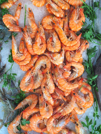 Seafood stall on a provencal market featuring raw tiger prawns and ready to eat shrimpsの写真素材