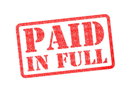 PAID IN FULL red rubber stamp over a white background.の写真素材