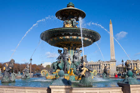 The Fountain of Maritime Navigation at Place de la Concorde in Paris   The Obelisk, Rue Royale and the Church of the Madeleine can also be seen in the distance のeditorial素材