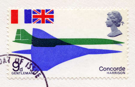 UNITED KINGDOM - CIRCA 1969: A used British postage stamp celebrating the First Flight of Concorde,...