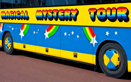 A Magical Mystery Tour bus in Liverpool used to take tourists around to The Beatles sightsのeditorial素材