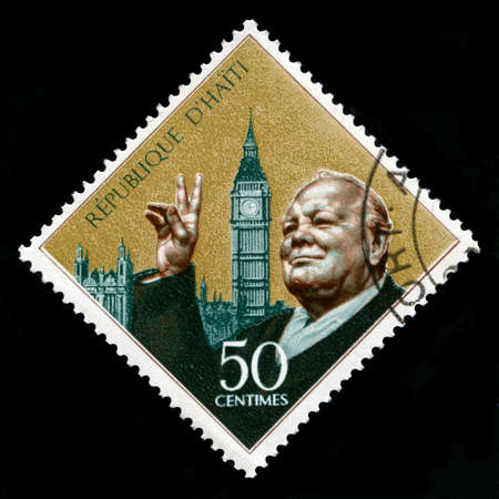 HAITI, CIRCA 1969: A vintage Postage stamp from Haiti displaying a portrait British Ex Prime Minister Sir Winston Churchill, circa 1969.のeditorial素材