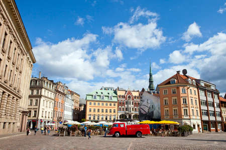 A view from Dome Square in Riga   The steeple of St Peters Church can be seen in the background のeditorial素材