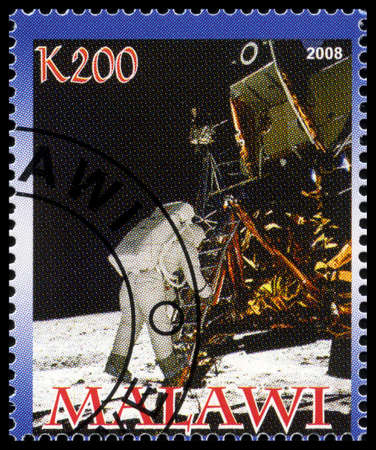 MALAWI - CIRCA 2008: A used postage stamp from Malawi commemorating the Apollo 11 Moon Landing, circa 2008.のeditorial素材