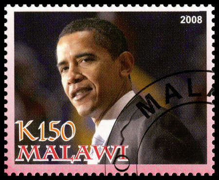 MALAWI - CIRCA 2008: A used Postage Stamp from Malawi depicting a portrait of Barack Obama, the 44th president of the United States of America, circa 2008.のeditorial素材