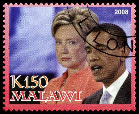 MALAWI - CIRCA 2008: A used Postage Stamp from Malawi depicting an image of both Barack Obama (the 44th president of the United States of America) and Hillary Clinton, circa 2008.のeditorial素材