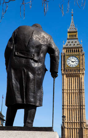 A statue of arguably Britainâs most iconic Prime Minister Sir Winston Churchill, located on Parliament Square in London.のeditorial素材
