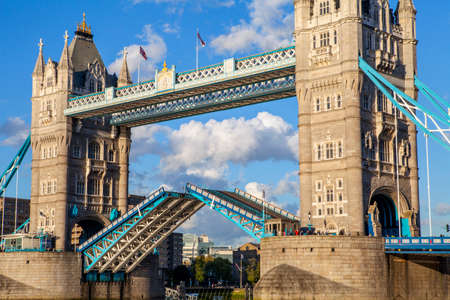 A close-up shot of an open Tower Bridge in London.のeditorial素材