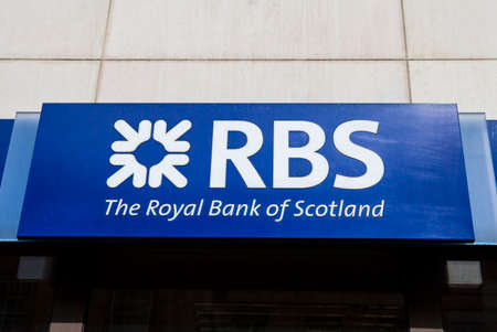 LONDON, UNITED KINGDOM - JUNE 18TH 2015: A sign for a Royal Bank of Scotland outlet in central London on 18th June 2015.のeditorial素材