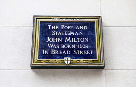 A blue Plaque in the City of London marking the birthplace of English Poet and Statesman John Milton.のeditorial素材