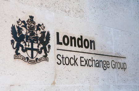 LONDON, UK - JUNE 7TH 2015: The entrance sign for the London Stock Exchange building located in the City of London, on 7th June 2015.のeditorial素材