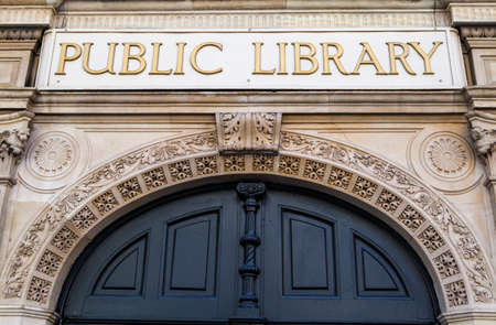 Public Library sign on the former Holborn Public Library in London.のeditorial素材