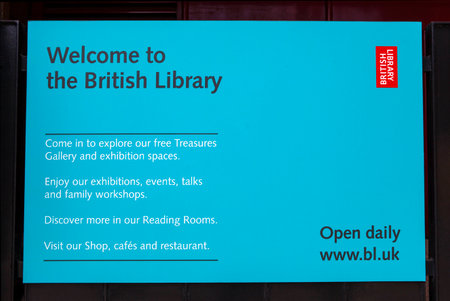 LONDON, UK - JULY 10TH 2015: An information sign at the British Library in London, on 10th July 2015.のeditorial素材