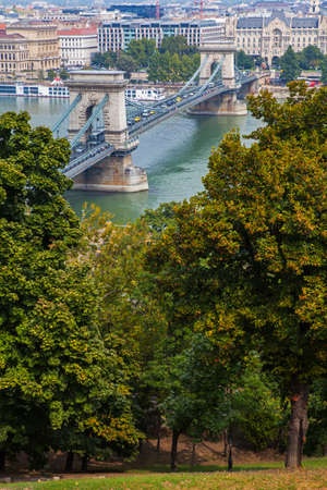 A magnificent view from Castle Hill showing the Chain Bridge spanning over the River Danube in Budapest.の写真素材