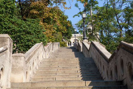 A stone staircase leading up to the Fishermanâs Bastion in Budapest, Hungary.のeditorial素材