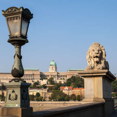 A view of Buda Castle from the Chain Bridge in Budapest, Hungary.の写真素材