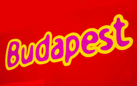 The close-up of the word Budapest on a sightseeing bus.の写真素材