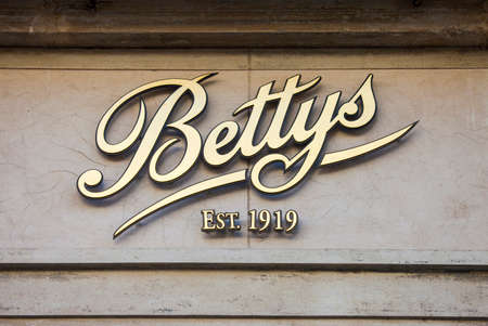 YORK, UK - AUGUST 28TH 2015: A sign for the famous Bettys Tea Rooms in York, on 28th August 2015.のeditorial素材