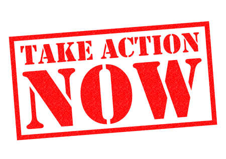 TAKE ACTION NOW red Rubber Stamp over a white background.の写真素材