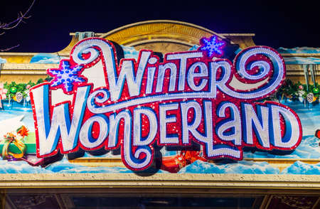 LONDON, UK - DECEMBER 9TH 2015: The entrance sign for the annual Winter Wonderland Christmas event in Hyde Park, London on 9th December 2015.のeditorial素材
