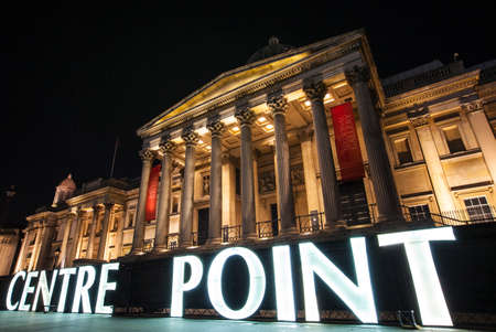 LONDON, UK - JANUARY 14TH 2016: The Centre Point lights usually positioned on top of the Centre Point Building were illuminated outside the National Gallery during the Lumiere London Light Festival, on 14th January 2016.のeditorial素材