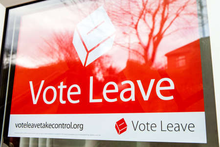 LONDON, UK - MARCH 3RD 2016: A Vote Leave campaign poster displayed in a residential house in...