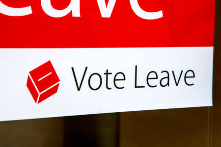 LONDON, UK - MARCH 3RD 2016: A Vote Leave campaign poster displayed in a residential house in London, on 3rd March 2016.  A referendum on Britain's membership of the European Union will be held on Thursday 23 June 2016.のeditorial素材
