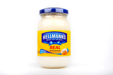 LONDON, UK - JUNE 16TH 2016: A new jar of Hellmanns Mayonnaise, on 16th June 2016.のeditorial素材