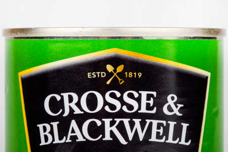 LONDON, UK - JUNE 16TH 2016: A close-up of the Crosse and Blackwell logo on one of their food products, on 16th June 2016.  Crosse and Blackwell are a British-based food poduction company.