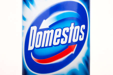 LONDON, UK - JUNE 16TH 2016: Close-up of the Domestos logo on one of their cleaning products, on...