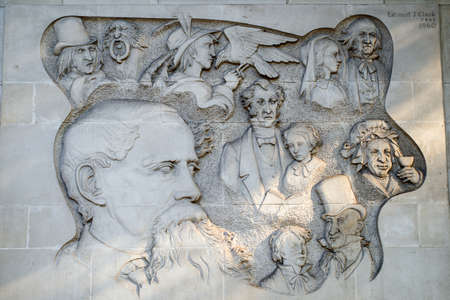 A Bas Relief Carving on Marylebone Road in London, marking the location where Charles Dickens wrote...