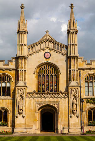 A shot of the facade of Corpus Christi College at Cambridge University in Cambridge, UK.のeditorial素材