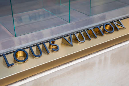 LONDON, UK - APRIL 7TH 2016: A close-up of a Louis Vuitton symbol at their store on New Bond Street in London, on 7th April 2016.のeditorial素材