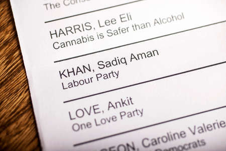 LONDON, UK - APRIL 25TH 2016: The name of Sadiq Khan on a ballot paper for the Mayor of London Election, taken on 25th April 2016.  Sadiq Khan is the Labour Party candidate for the 2016 London Mayoral election.のeditorial素材