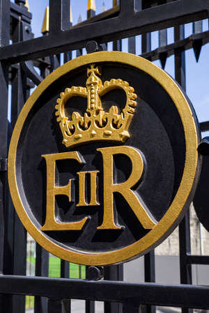 The Queen Elizabeth II Royal Crest on a gateway at the Tower of London.