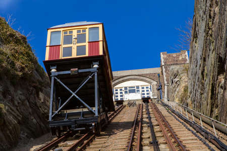 A view of the East Hill Railway connecting the clifftop of the Hastings Country Park with the seafront in Hastings, Sussex.のeditorial素材