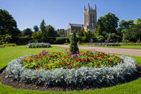 A view of the beautiful flowers in Abbey Gardens and the historic St. Edmundsbury Cathedral in Bury St. Edmunds, Suffolk.の写真素材