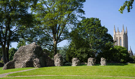 A view of the remains of Bury St Edmunds Abbey and St Edmundsbury Cathedral in Bury St. Edmunds, Suffolk.の写真素材