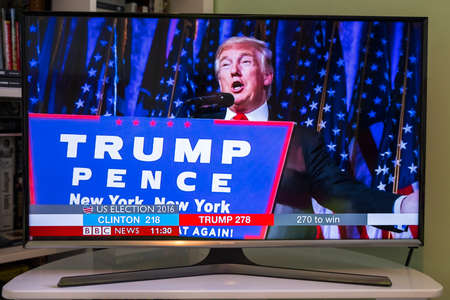 UNITED KINGDOM - NOVEMBER 9TH 2016: A shot of a television showing the BBC News channel with live...