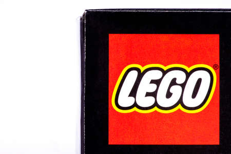 LONDON, UK - OCTOBER 21ST 2016: A close-up shot of the Lego company logo on the packaging of one of their products, on 21st October 2016.のeditorial素材