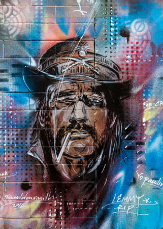 LONDON, UK - JANUARY 13TH 2016: A piece of Graffiti by artist Paul Don Smith of Lemmy from rock band Motorhead, in London on 13th January 2016.のeditorial素材