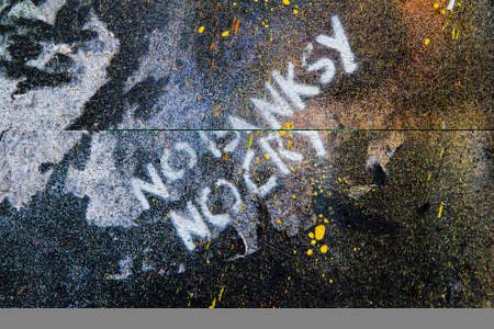 LONDON, UK - JANUARY 13TH 2016: A close-up of the phrase NO BANKSY, NO CRY painted onto a wall, in London on 13th January 2016.のeditorial素材