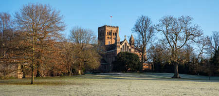 A view of the magnificent St. Albans Cathedral viewed from Verulamium Park in the historic city of St. Albans, England.の写真素材