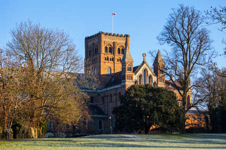 A view of the historic St. Albans Cathedral in Hertfordshire, England.の写真素材